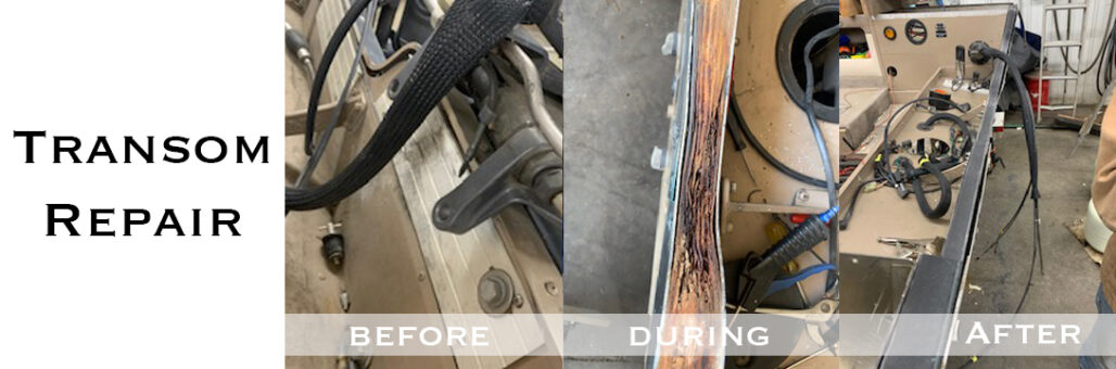 photo showing the process of transom repair before, during and after